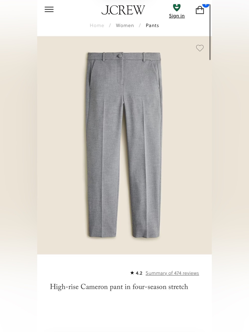 JCrew High Rise Cameron Pant- Size 2- Grey